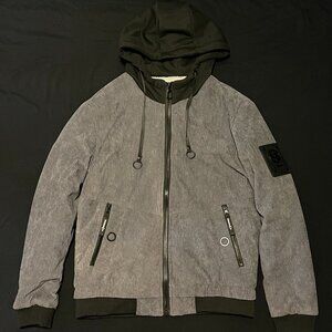 SHEIN Grey Corduroy Polyester Fleece Lined Hooded Bomber Jacket Size S